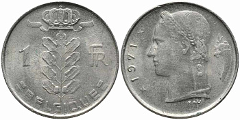 БЕЛЬГИЯ 1 ФРАНК 1971 BELGIQUE KM 142.1 медно-никель 113-112