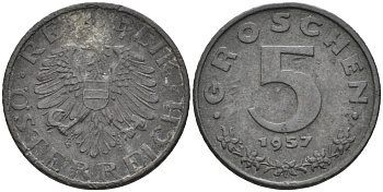 Австрия 5 грошей 1957 KM 2875 цинк 4580-221
