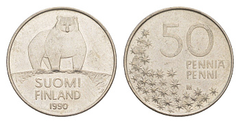 Финляндия 50 пенни 1990 M, полярный медведь KM 66 медно-никель 4647-366