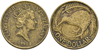Новая Зеландия 1 доллар 1990 Елизавета II (1952-2022), птица киви KM 78 алюминиевая бронза 29-344