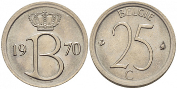 Бельгия 25 сантимов 1970 Belgie, Бодуэн I (1951-1993) KM 154.1 медно-никель UNC 3996-1121