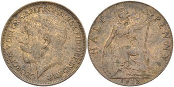 Великобритания 1/2 пенни 1912 Георг V (1910-1936) KM 809, Spink 4056 бронза 4523-425