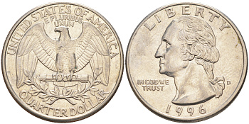США 25 центов (квотер) 1996 D, Вашингтон KM A164a медь плакированная медно-никелем 4114-941
