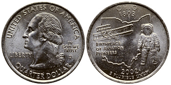 США 25 центов = квотер 2002 D, серия штаты США, Огайо KM 332 медь плакированная медно-никелем UNC 80-312