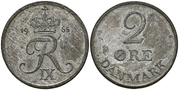 Дания 2 эре 1965 С; S, Фредерик IX (1947-1972) KM 840 цинк 4156-1031