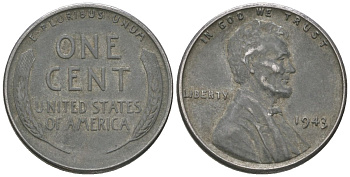 США 1 цент 1943 Авраам Линкольн KM 132 a сталь покрытая цинком 214-1059