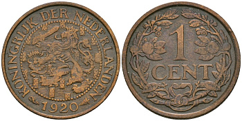 Нидерланды 1 цент 1920 Вильгельмина (1890-1948) KM 152 бронза 4576-1039