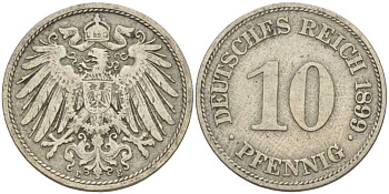 ГЕРМАНИЯ 10 ПФЕННИГОВ 1899 E KM 12, J. 13 медно-никель 4401-1123