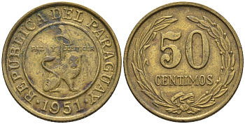 Парагвай 50 сентимо 1951 лев, фригийский колпак на шесте KM 24 алюминиевая бронза    4177-757