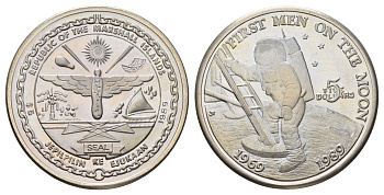 Маршалловы Острова 5 долларов 1989 20 лет Первой посадке людей на Луну, в запайке KM 13 медно-никель PROOF 11-136-31