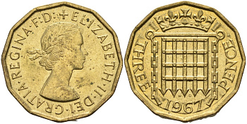 Великобритания 3 пенса 1967 Елизавета II (1952-2022) KM 900, Spink 4153 никель латунь аUNC 4571-624