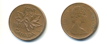 Канада 1 цент 1978 Елизавета II (1952-2022), кленовый лист KM 59.1 бронза 177-1352