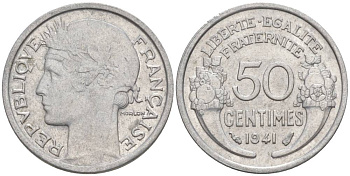 ФРАНЦИЯ 50 САНТИМОВ 1941 ТИП MORLON LOURDE KM 894.1a, LE FRANC 193.2 алюминий 44-258