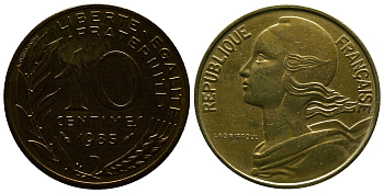 Франция 10 сантимов 1985 тип Марианна KM 929, LE FRANC 144.25 медь алюминий никель 4381-628