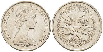 АВСТРАЛИЯ 5 ЦЕНТОВ 1979 ЕЛИЗАВЕТА II (1952-) МОЛОДОЙ ПОРТРЕТ, ЕХИДНА KM 64 медно-никель 4516-661