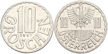 Австрия 10 грошей 1997 KM 2878 алюминий 4152-515