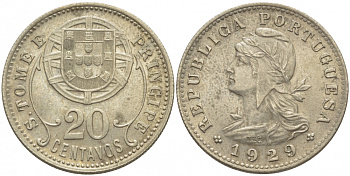 Португальское Сан-Томе и Принсипи 20 сентаво 1929 год тип KM 3 никель бронза aUNC 413-1944