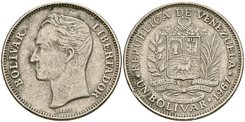 Венесуэла 1 боливар 1967 Симон Боливар KM 42 никель 4364-436