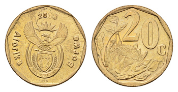 ЮАР 20 центов 2003 герб, цветок протея KM 327 сталь плакированная бронзой UNC 4687-553