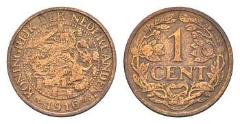 Нидерланды 1 цент 1916 Вильгельмина (1890-1948) KM 152 бронза 75-111