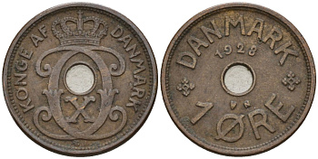 Дания 1 эре 1928 Кристиан X (1912-1947) KM 826 бронза 4147-422