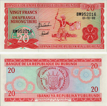 БУРУНДИ 20 ФРАНКОВ 1989 1 ОКТЯБРЯ 1989, ТАНЦОР Pick 27b бумага UNC (ПРЕСС) 7523-55-4-2