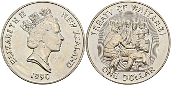 Новая Зеландия 1 доллар 1990 годовщина заключения Вайтангского договора, Елизавета II (1952-2022) KM 76 медно-никель UNC 4558-225