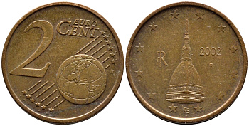 Италия 2 евроцента 2002 KM 211 сталь плакированная медью 4609-745