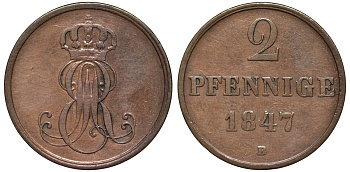 Ганновер 2 пфеннига 1847 B, Эрнст Август (1837-1851) KM 202.1, AKS 124, J. 75 медь 75-1844