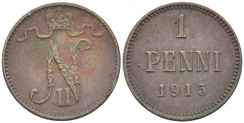 РОССИЯ ДЛЯ ФИНЛЯНДИИ 1 ПЕННИ 1915 НИКОЛАЙ II KM 13, Биткин 475 медь 261-1132