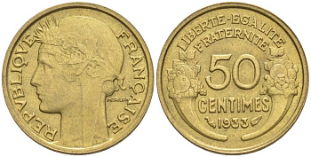 ФРАНЦИЯ 50 САНТИМОВ 1933 ТИП MORLON, OPEN 9, БЕЗ ЯГОДЫ KM 894.1, LE FRANC 192.10 алюминиевая бронза 44-735