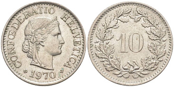 Швейцария 10 раппенов 1970 KM 27 медно-никель 55-425