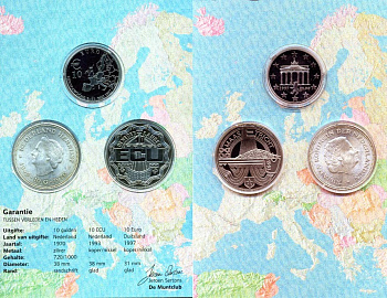 Нидерланды набор из 3 монет 1970-1997 10 гульденов 1970, 10 экю 1993, 10 евро 1997, буклет, сертификат KM 195,  серебр, медно-никель    7-6-1-24