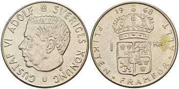 Швеция 1 крона 1968 U, Густав VI Адольф (1950-1973) KM 826 серебро UNC 4582-436