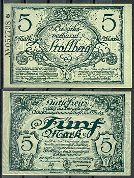 Германия, Штольберг 5 марок 1918 нотгельд, 15.11.1918, цифры черные, крупные Geiger 511.01  бумага  UNC (пресс) 444-114-2-1