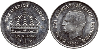 Швеция 1 крона 2007 Карл XVI Густав (1973- ) KM 894 медно-никель 176-337