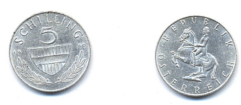 Австрия 5 шиллингов 1960 KM 2889 серебро 4178-1213