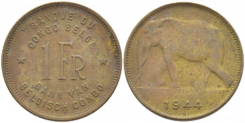 Бельгийское Конго 1 франк 1944 слон, Леопольд III KM 26 латунь 112-215