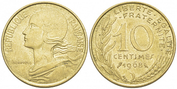 ФРАНЦИЯ 10 САНТИМОВ 1968 ТИП MARIANNE KM 929, LE FRANC 144.8 алюминиевая бронза 4516-841