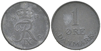 Дания 1 эре 1967 C; S, Фредерик IX (1947-1972) KM 839.2 цинк 3955-423