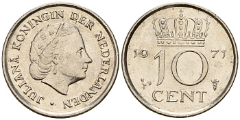 Нидерланды 10 центов 1971 Юлиана (1948-1980) KM 182 никель 4598-313