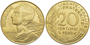 ФРАНЦИЯ 20 САНТИМОВ 1988 ТИП MARIANNE KM 930, LE FRANC 156.28 медь алюминий никель 175-857