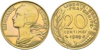 Франция 20 сантимов 1989 тип Marianne KM 930 медь алюминий никель    4177-136