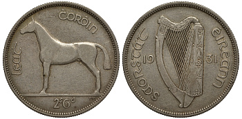 Ирландия 1/2 кроны = 2 шиллинга 6 пенсов 1931 лошадь KM 8 серебро 633-331