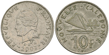 Французская Новая Каледония 10 франков 2007 рыбачья парусная лодка, (IEOM) KM 11a, Schoen 13a, Lec 99k медно-никель 57-414