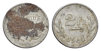 Бельгия 2 франка 1944 год-тип KM 133 сталь плакированная никелем 4580-435