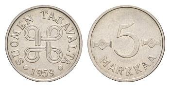 Финляндия 5 марок 1959 KM 37a железо плакированное никелем 4647-447