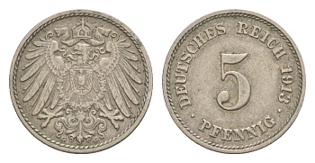 Германия 5 пфеннигов 1913 G, Вильгельм II (1888-1918) KM 11, J. 12 медно-никель 4640-149