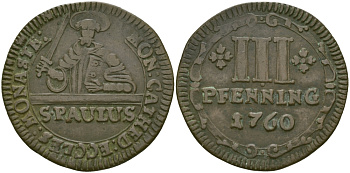 Мюнстер 3 пфеннига 1760 Кафедральный выпуск KM 430 медь 65-647