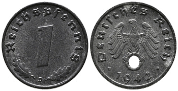 ГЕРМАНИЯ 1 РЕЙХСПФЕННИГ 1942 D KM 97, J. 369 цинк 39-1215